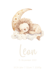 Birth poster / Poster for a child's room: Sleeping animals / cursive font