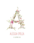 Affiche de naissance / Poster pour chambre d'enfant : Monogramme floral