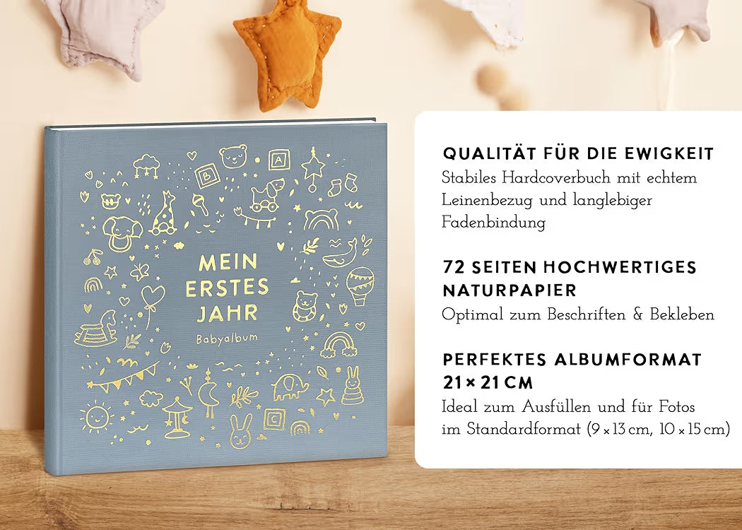 Baby Diary "My First Year," Blue with Gold Embossing