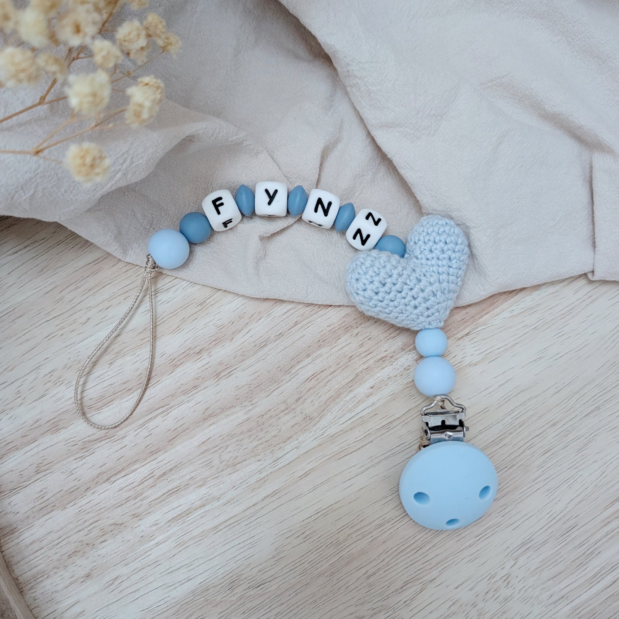 Pacifier clip / Pacifier chain "blue crocheted heart"