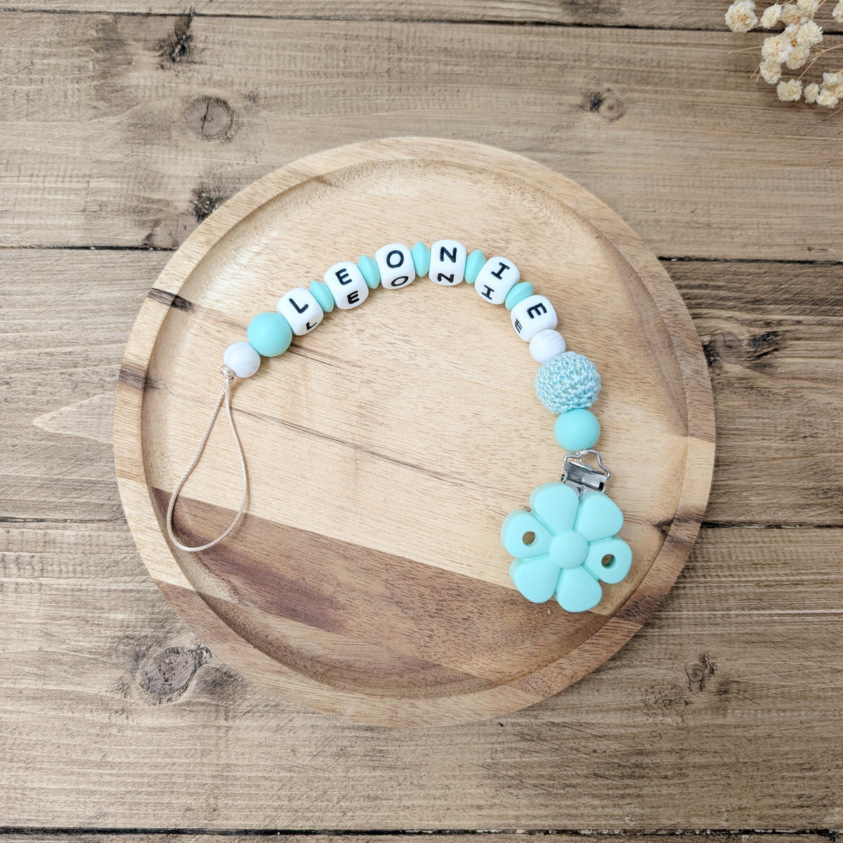 Pacifier chain "mint green flower"