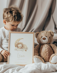 Birth poster / Poster for a child's room: Sleeping animals / cursive font