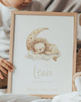 Birth poster / Poster for a child's room: Sleeping animals / cursive font