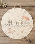 Desired colors: Wooden sign with rainbow and plotted name